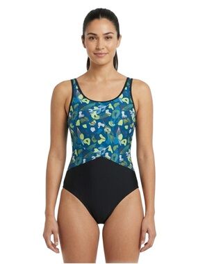 Beach Party Blue Green One Piece Swimsuit Colorblock Slimming Size 12 NWT